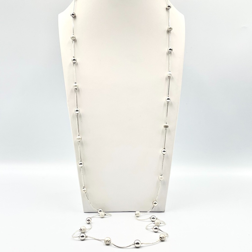 Vintage Y2K Silver Tone Textured Bead Station Long Snake Chain Necklace 36"